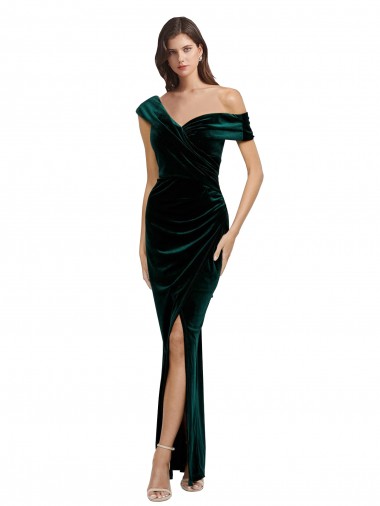 Discount Sleeveless Dark Green Sheath Off the Shoulder High Low Prom Dress Canada