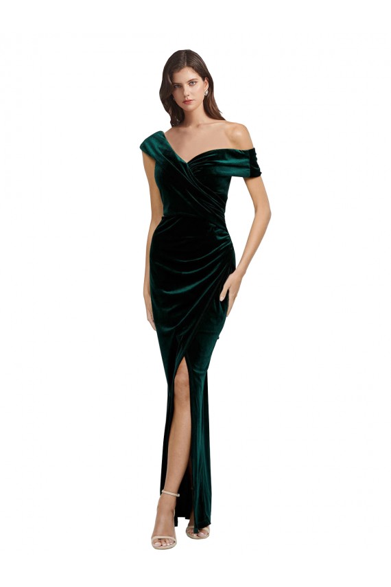 Discount Sleeveless Dark Green Sheath Off the Shoulder High Low Prom Dress Canada