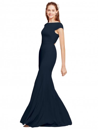 Discount Sleeveless Dark Navy Open Back A-Line Boat Neck Prom Dress Canada