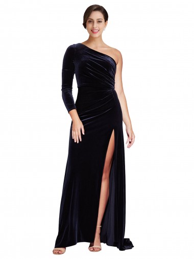 Discount Long Sleeves Dark Navy A-Line One Shoulder Prom Dress Canada