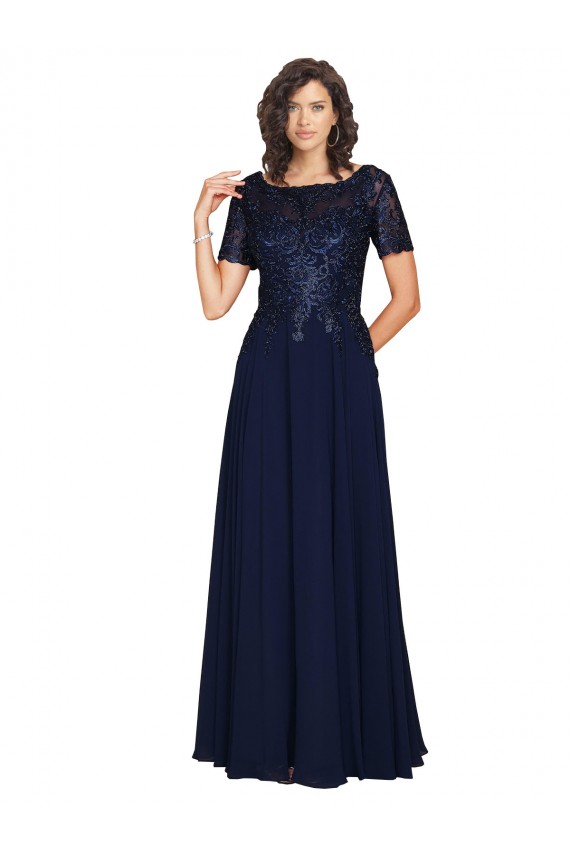 Discount Short Sleeves Dark Navy A-Line Round Neck Prom Dress Canada