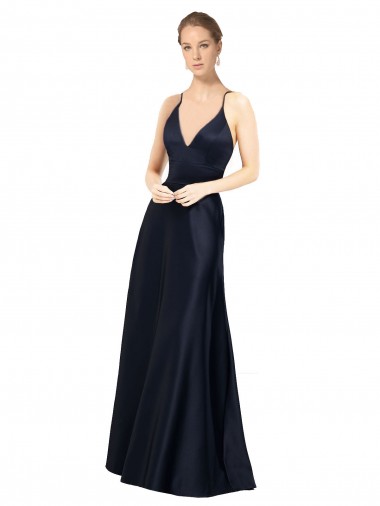 Discount Sleeveless Dark Navy A-Line V-Neck Satin Prom Dress Canada