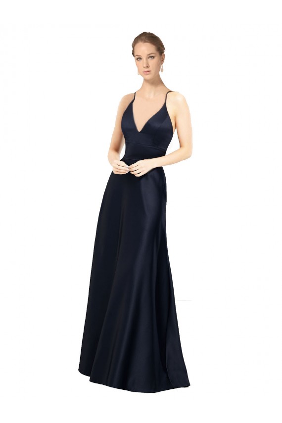 Discount Sleeveless Dark Navy A-Line V-Neck Satin Prom Dress Canada