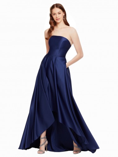 Discount Sleeveless Dark Navy Low Back A-Line Strapless High Low Prom Dress Canada