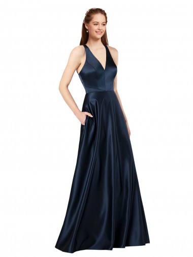 Discount Sleeveless Dark Navy Keyhole Back A-Line V-Neck Prom Dress Canada