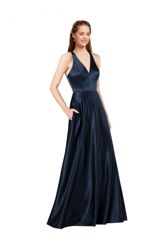 Discount Sleeveless Dark Navy Keyhole Back A-Line V-Neck Prom Dress Canada