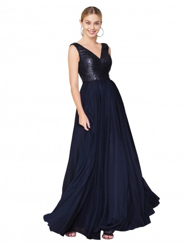 Discount Sleeveless Dark Navy V-Back A-Line High Neck Soft Chiffon & Sequin Prom Dress Canada