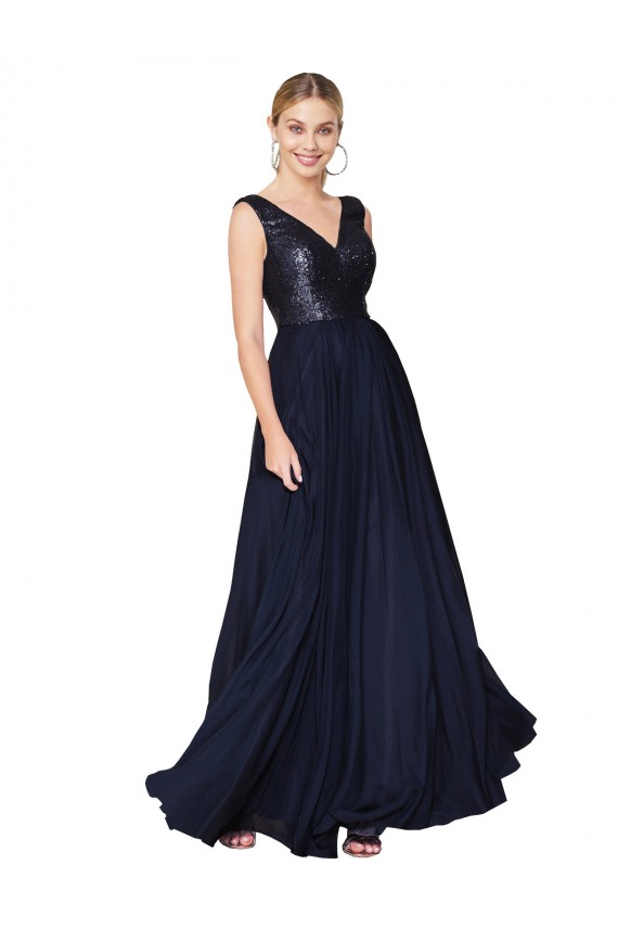 Discount Sleeveless Dark Navy V-Back A-Line High Neck Soft Chiffon & Sequin Prom Dress Canada