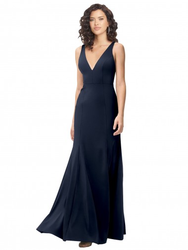 Discount Sleeveless Dark Navy V-Back A-Line High Neck Stretch Crepe Prom Dress Canada