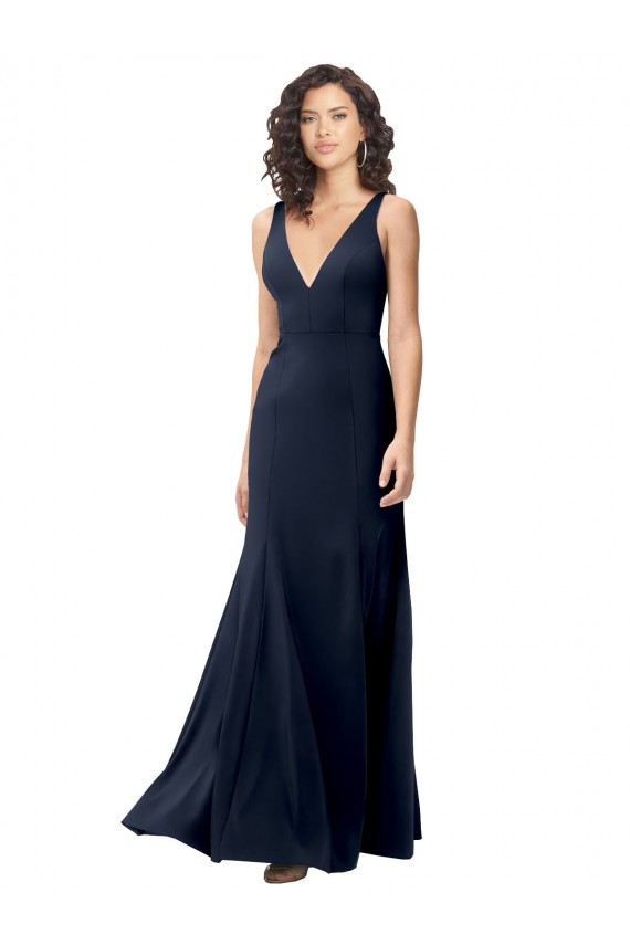 Discount Sleeveless Dark Navy V-Back A-Line High Neck Stretch Crepe Prom Dress Canada