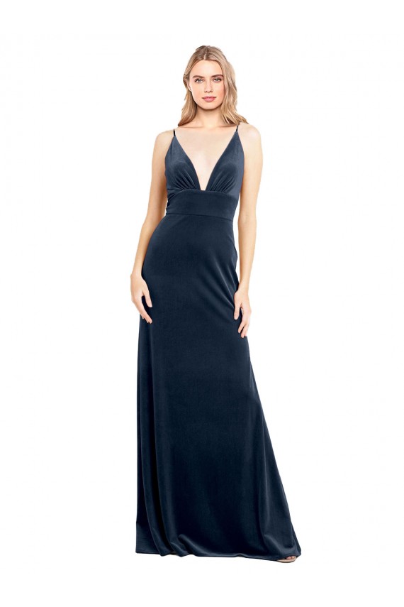 Discount Sleeveless Dark Navy V-Back A-Line V-Neck Prom Dress Canada
