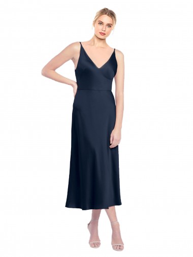 Discount Sleeveless Dark Navy V-Back A-Line Stretch Satin V-Neck Prom Dress Canada