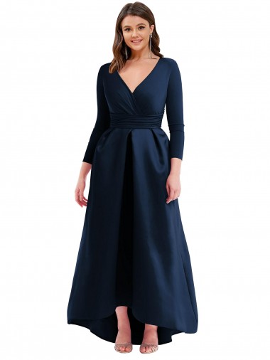 Discount Long Sleeves Dark Navy Ball Gown V-Neck High Low Plus Size Prom Dress Canada