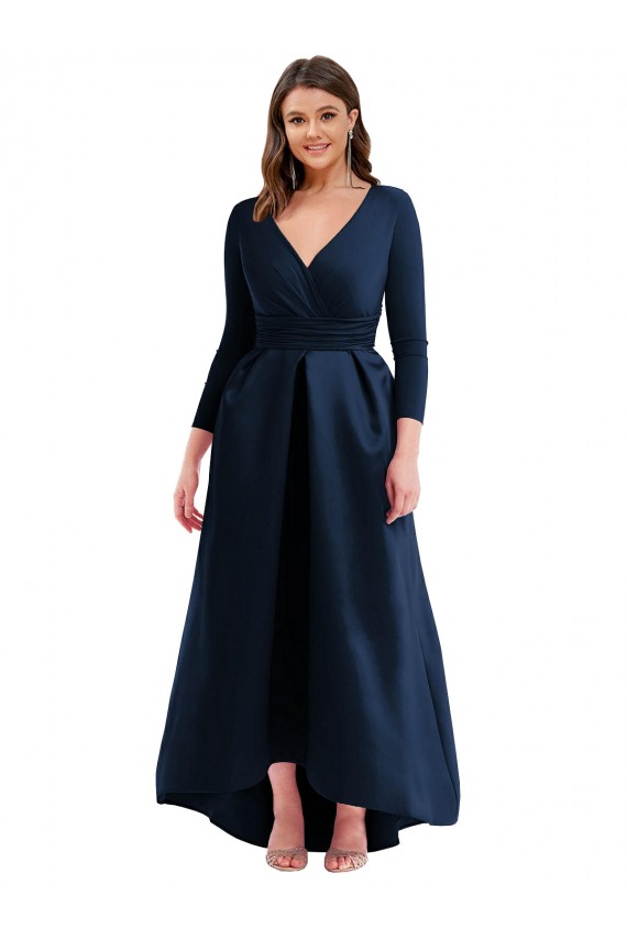 Discount Long Sleeves Dark Navy Ball Gown V-Neck High Low Plus Size Prom Dress Canada