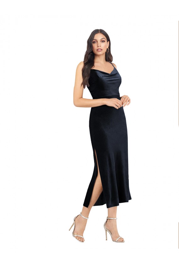 Discount Sleeveless Dark Navy Low Back Column Cowl Neck Prom Dress Canada