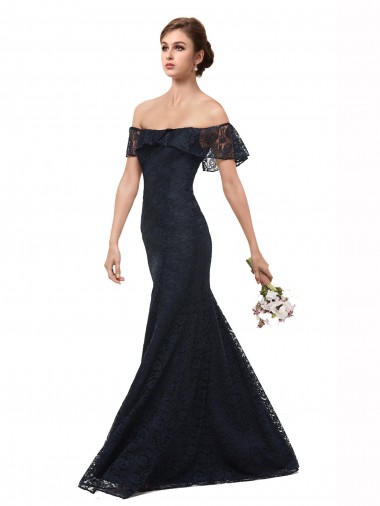 Discount Flutter Sleeves Dark Navy Mermaid Off the Shoulder Prom Dress Canada