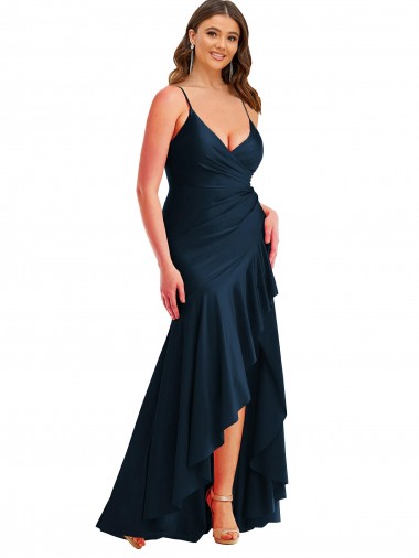 Discount Sleeveless Dark Navy Mermaid Spaghetti Straps High Low Plus Size Prom Dress Canada