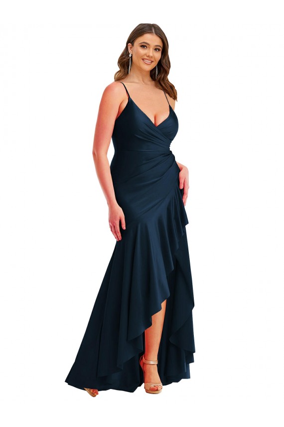 Discount Sleeveless Dark Navy Mermaid Spaghetti Straps High Low Plus Size Prom Dress Canada