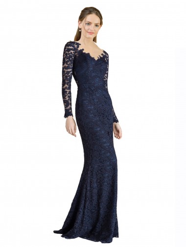 Discount Long Sleeves Dark Navy Keyhole Back Mermaid Sweetheart Prom Dress Canada