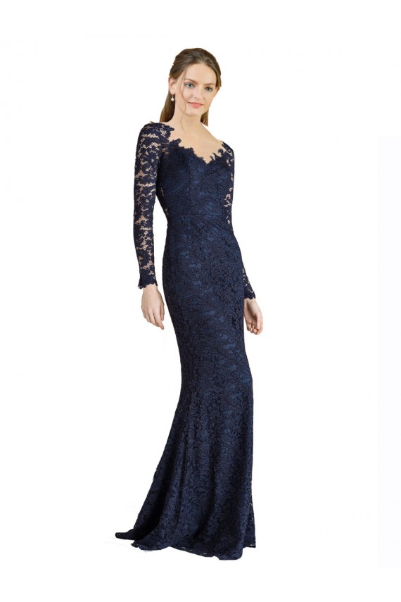 Discount Long Sleeves Dark Navy Keyhole Back Mermaid Sweetheart Prom Dress Canada