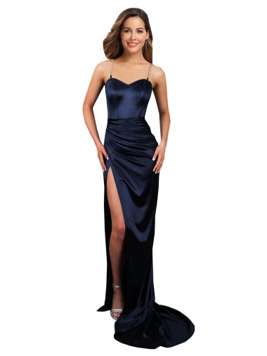Discount Sleeveless Dark Navy Mermaid Stretch Satin Sweetheart Prom Dress Canada
