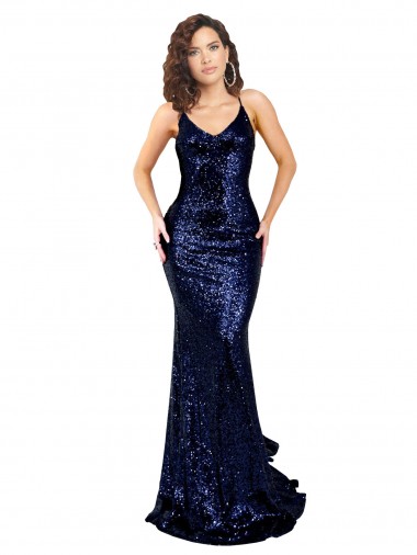Discount Sleeveless Dark Navy Low Back Mermaid V-Neck Prom Dress Canada