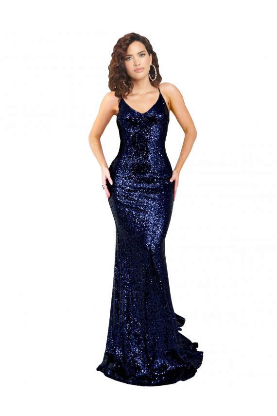 Discount Sleeveless Dark Navy Low Back Mermaid V-Neck Prom Dress Canada