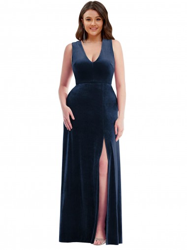Discount Sleeveless Dark Navy Sheath V-Neck Plus Size Formal Prom Dress Canada