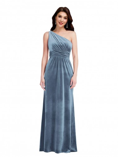 Discount Sleeveless Dusty Blue A-Line Off the Shoulder Stretch Velvet Prom Dress Canada