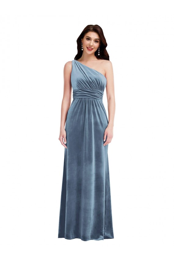 Discount Sleeveless Dusty Blue A-Line Off the Shoulder Stretch Velvet Prom Dress Canada