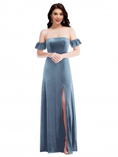 Discount Ruffle Sleeves Dusty Blue Low Back A-Line Off the Shoulder Prom Dress Canada