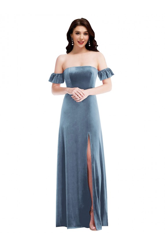 Discount Ruffle Sleeves Dusty Blue Low Back A-Line Off the Shoulder Prom Dress Canada