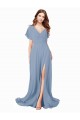 Discount Cap Sleeves Dusty Blue A-Line V-Neck Black Tie Prom Dress Canada