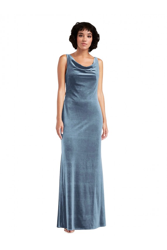Discount Sleeveless Dusty Blue V-Back Sheath Cowl Neck Prom Dress Canada
