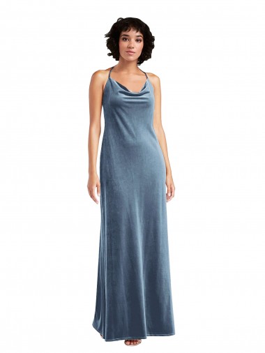 Discount Sleeveless Dusty Blue V-Back Sheath Cowl Neck Stretch Velvet Prom Dress Canada