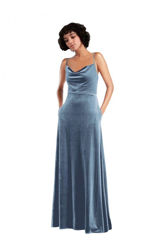 Discount Sleeveless Dusty Blue Criss Cross Open Back Sheath Cowl Neck Prom Dress Canada