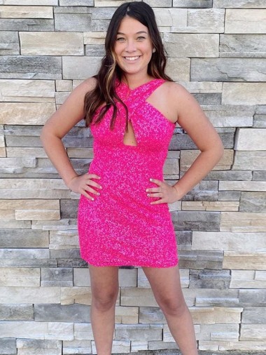 Discount Sleeveless Fuchsia Sheath Halter Neck Homecoming Dress Canada