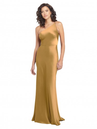 Discount Sleeveless Gold A-Line Stretch Satin One Shoulder Prom Dress Canada