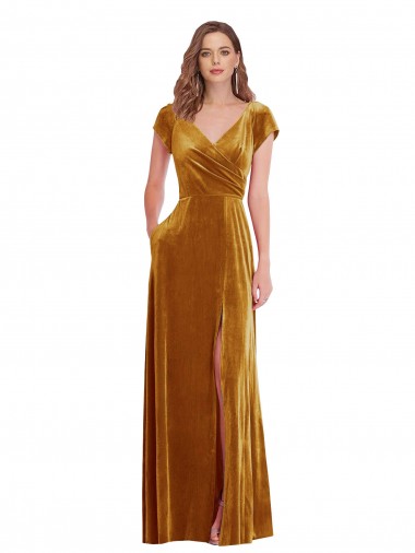 Discount Cap Sleeves Gold Sheath V-Neck Prom Dress Canada