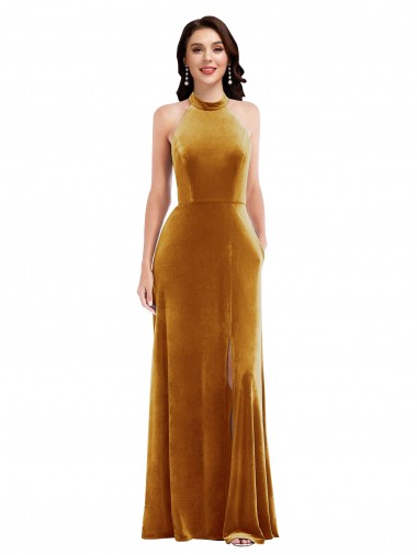 Discount Sleeveless Gold Keyhole Back Trumpet Halter Neck Prom Dress Canada