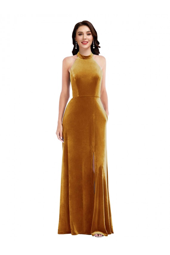 Discount Sleeveless Gold Keyhole Back Trumpet Halter Neck Prom Dress Canada