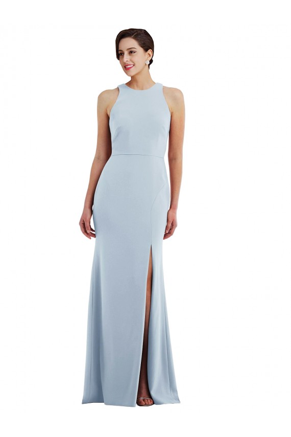 Discount Sleeveless Light Sky Blue Open Back Trumpet Jewel Neck Stretch Crepe Prom Dress Canada