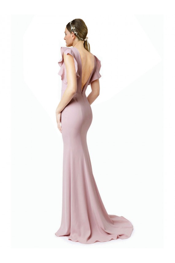 Discount Ruffle Sleeves Pink V-Back Mermaid Sheath Jewel Neck Black Tie Prom Dress Canada