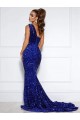 Discount Sleeveless Royal Blue Mermaid One Shoulder Velvet Sequin Prom Dress Canada