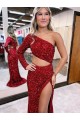 Discount Long Sleeves Burgundy Mermaid One Shoulder Prom Dress Canada