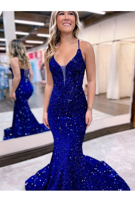 Discount Sleeveless Royal Blue Mermaid V-Neck Velvet Sequin Prom Dress Canada
