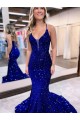 Discount Sleeveless Royal Blue Mermaid V-Neck Velvet Sequin Prom Dress Canada