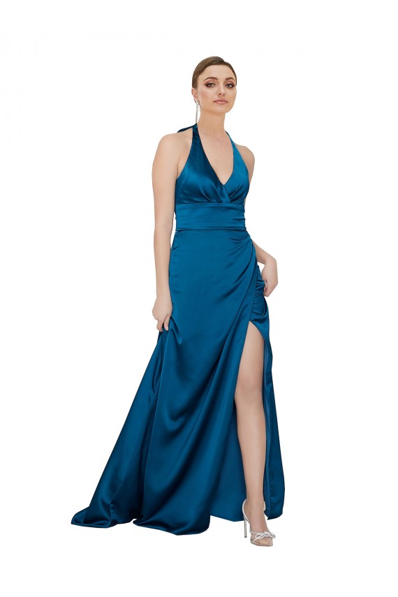 Discount Sleeveless Peacock Blue Open Back A-Line Halter Neck Prom Dress Canada