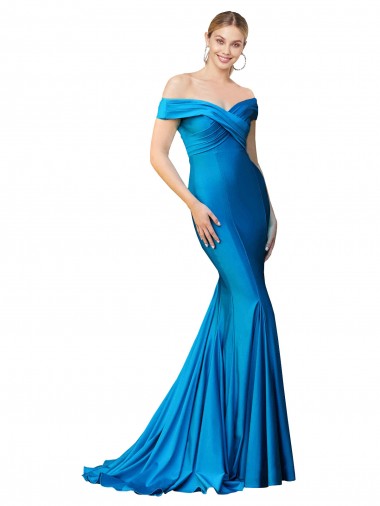 Discount Sleeveless Peacock Blue Mermaid Off the Shoulder Prom Dress Canada