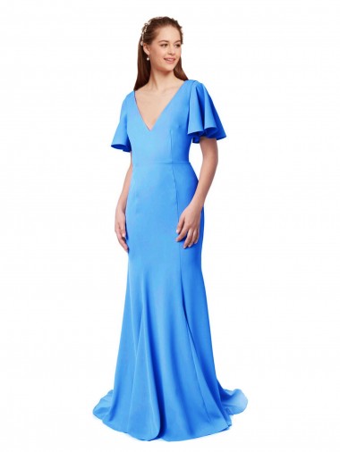 Discount Short Sleeves Peacock Blue V-Back Mermaid Sheath V-Neck Prom Dress Canada